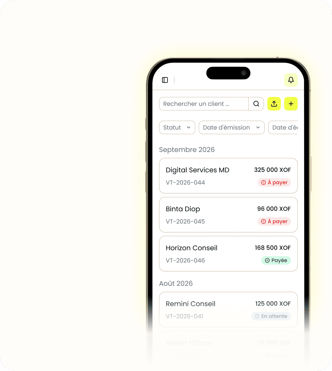 Écran mobile d'azô : liste des factures de septembre 2026 avec montants en XOF et statuts À payer, Payée, En attente